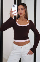 Know Everything Long Sleeve Double Layer Top Chocolate/Pink