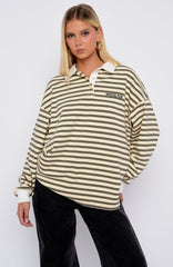 Out Again Long Sleeve Rugby Shirt Cream/Olive Stripe