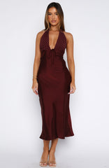 Guess You Miss Me Halter Midi Dress Burgundy/Pink Dot