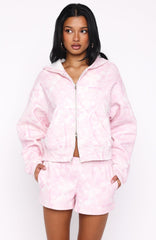 Hiding Away Boxy Zip Front Hoodie Pink Camo