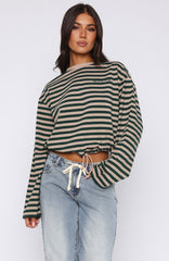 First Time Here Long Sleeve Tee Green/Tan Stripe