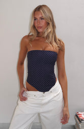 Let It Go Strapless Bustier Navy Polka Dot