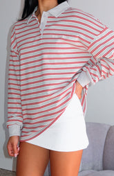 Out Again Long Sleeve Rugby Shirt Dark Grey Marle/Burgundy Stripe