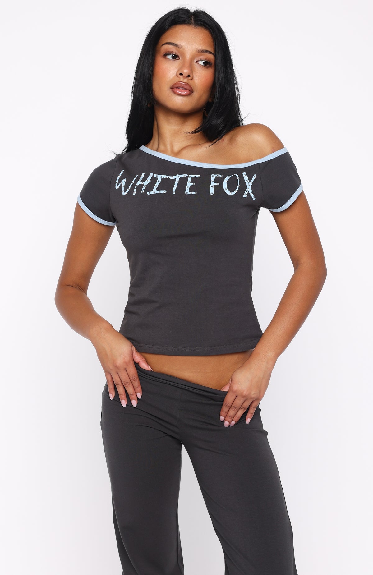 Good Things Take Time Off Shoulder Relaxed Tee Charcoal