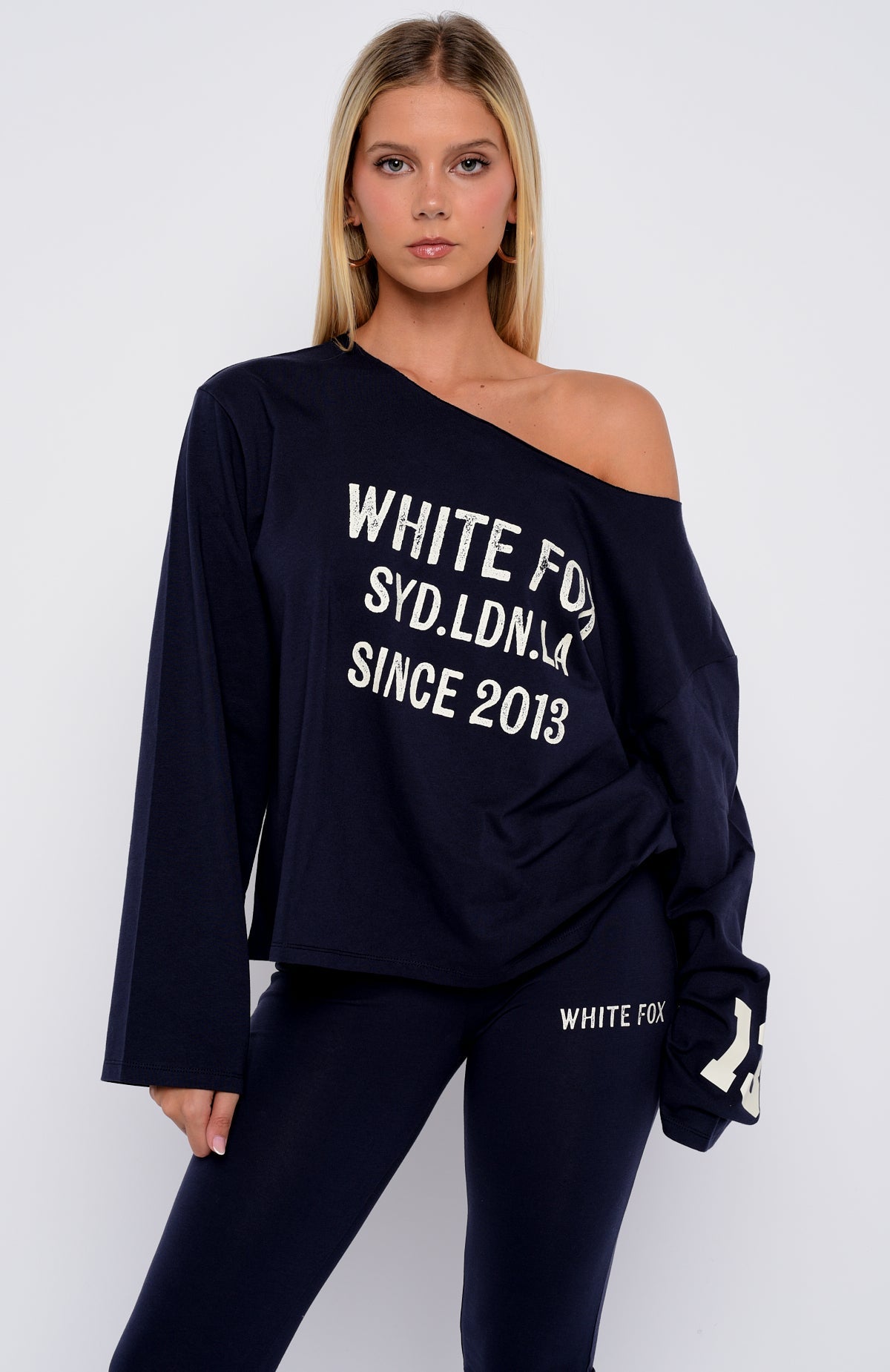 Topic Of Discussion Off Shoulder Oversized Long Sleeve Tee Navy