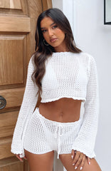 Want To Want Me Long Sleeve Crochet Top White