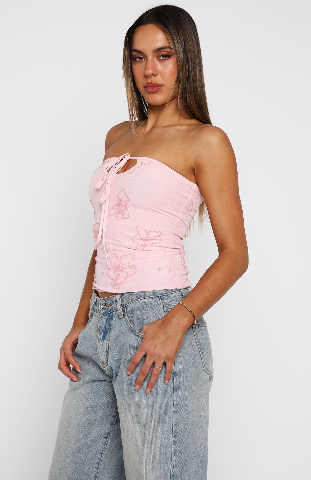 Glow Season Beaded Strapless Top Baby Pink