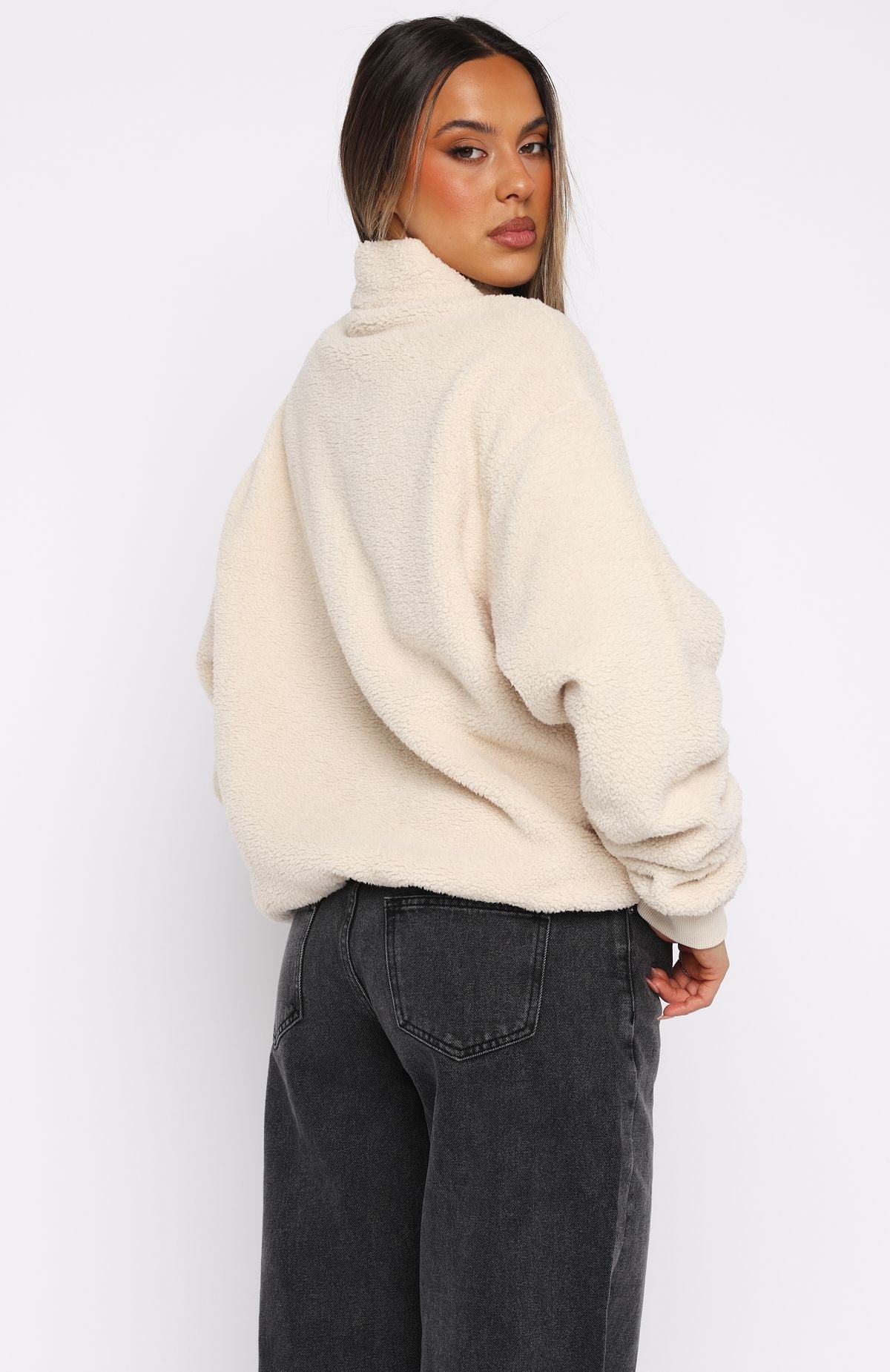 Hard To Stay Focused Teddy Borg Zip Front Sweater Cream