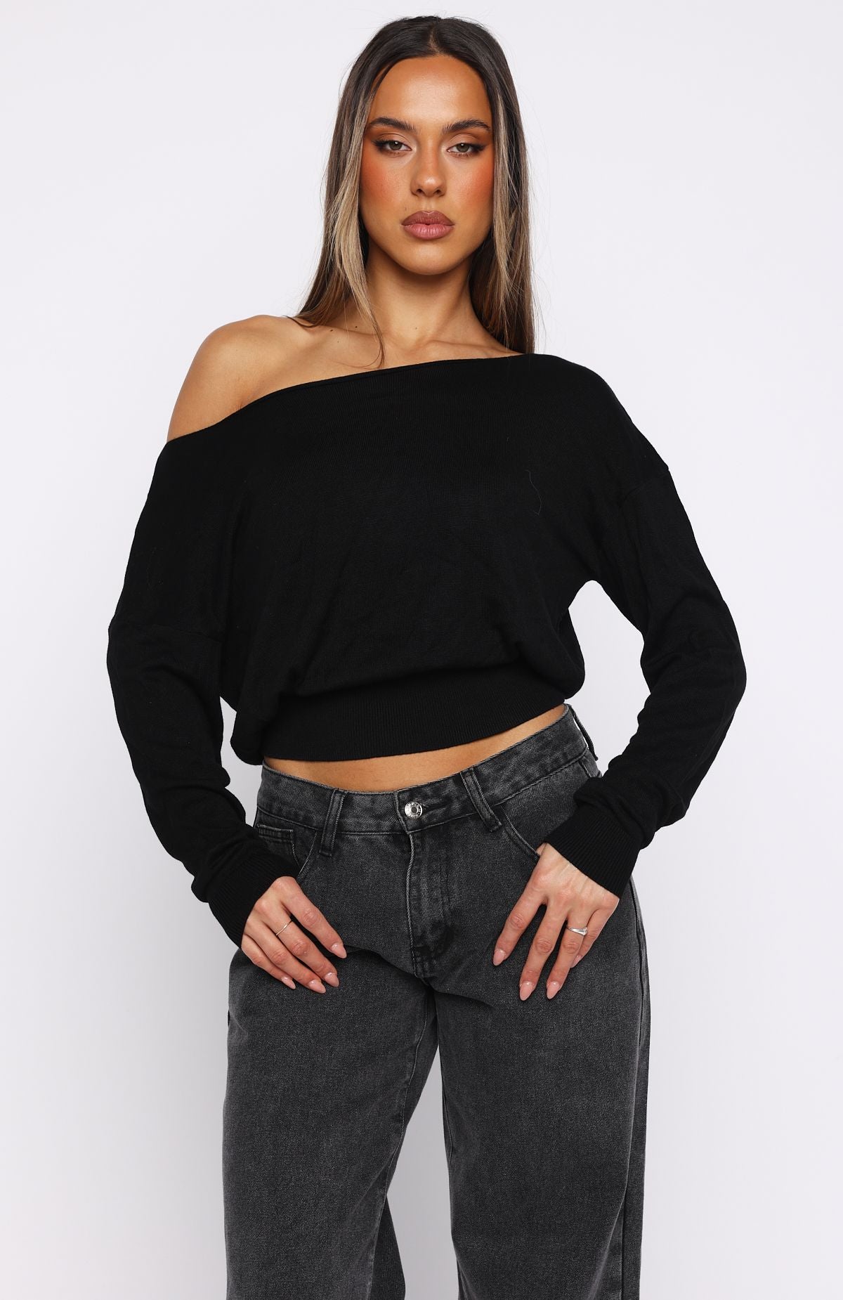 Stayed Down Off Shoulder Long Sleeve Top Black