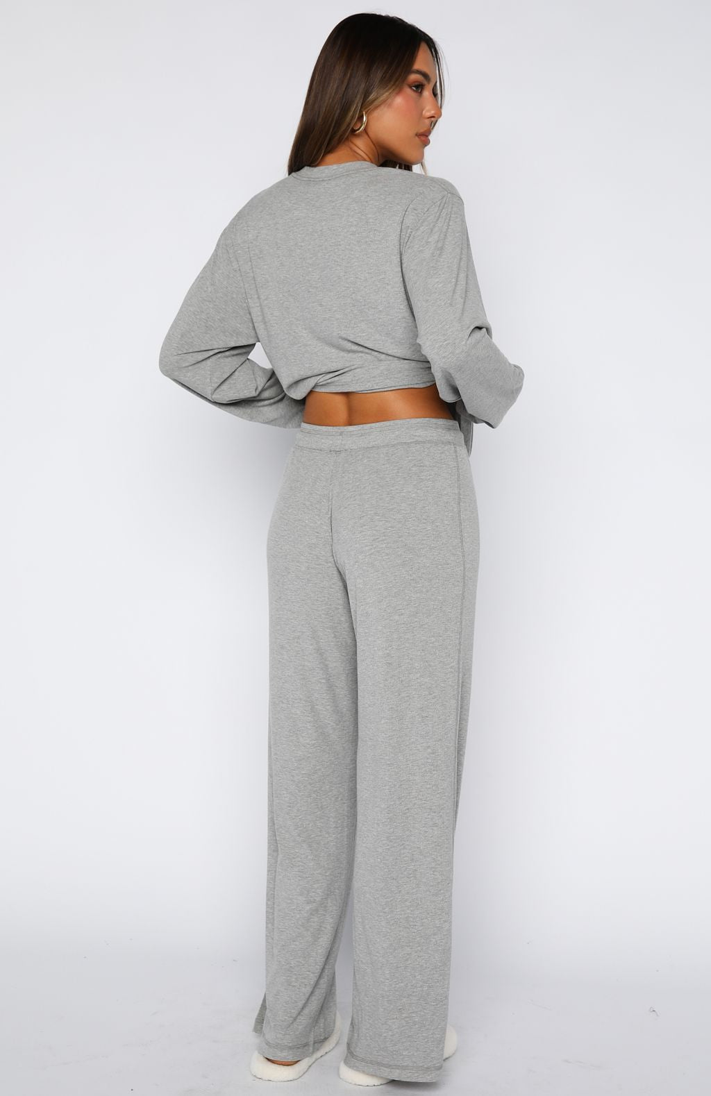 Come A Long Way Soft Lounge Ribbed Wide Leg Pants Grey Marle