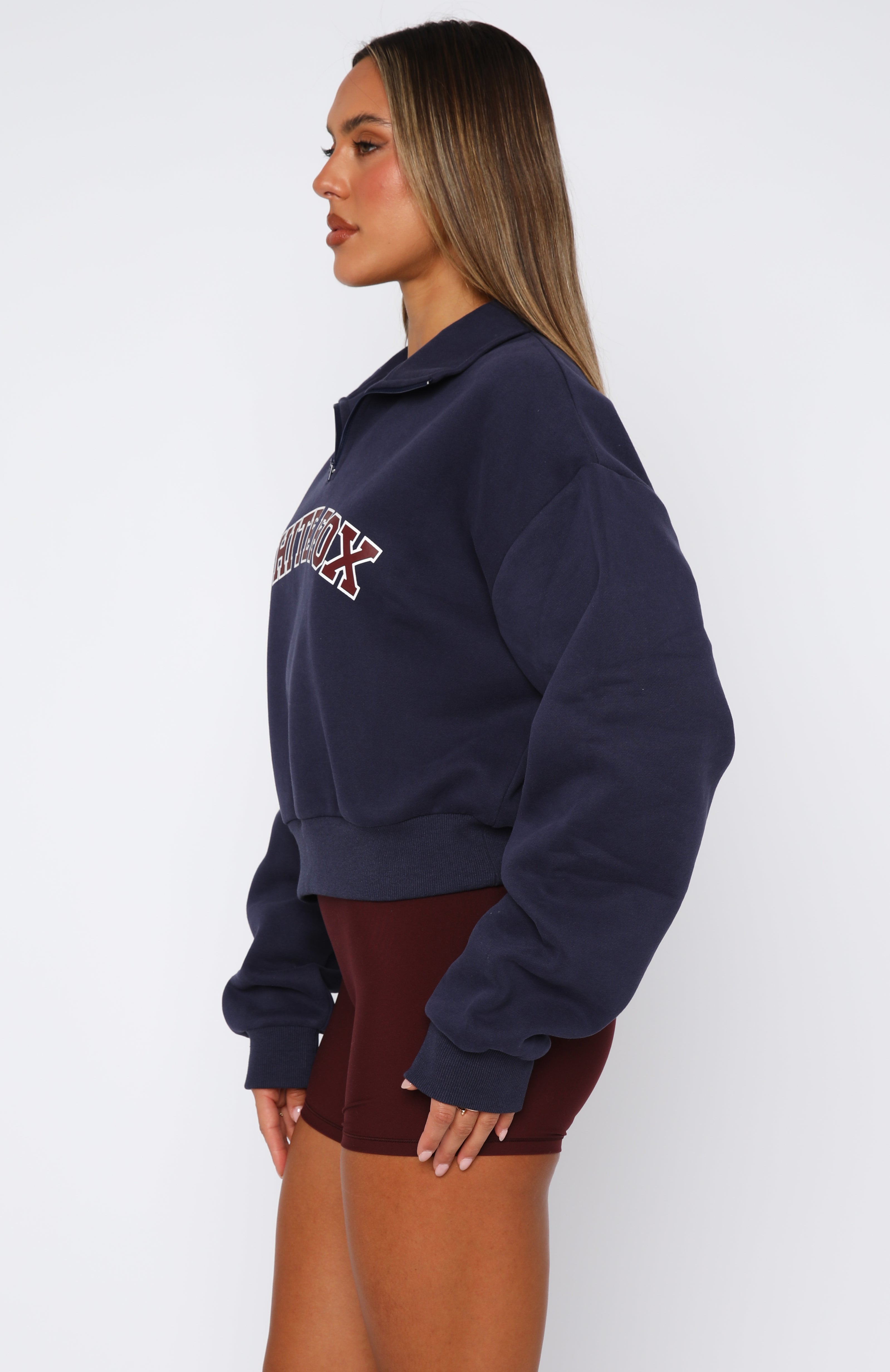Let The Bells Ring Cropped Quarter Zip Sweater Navy