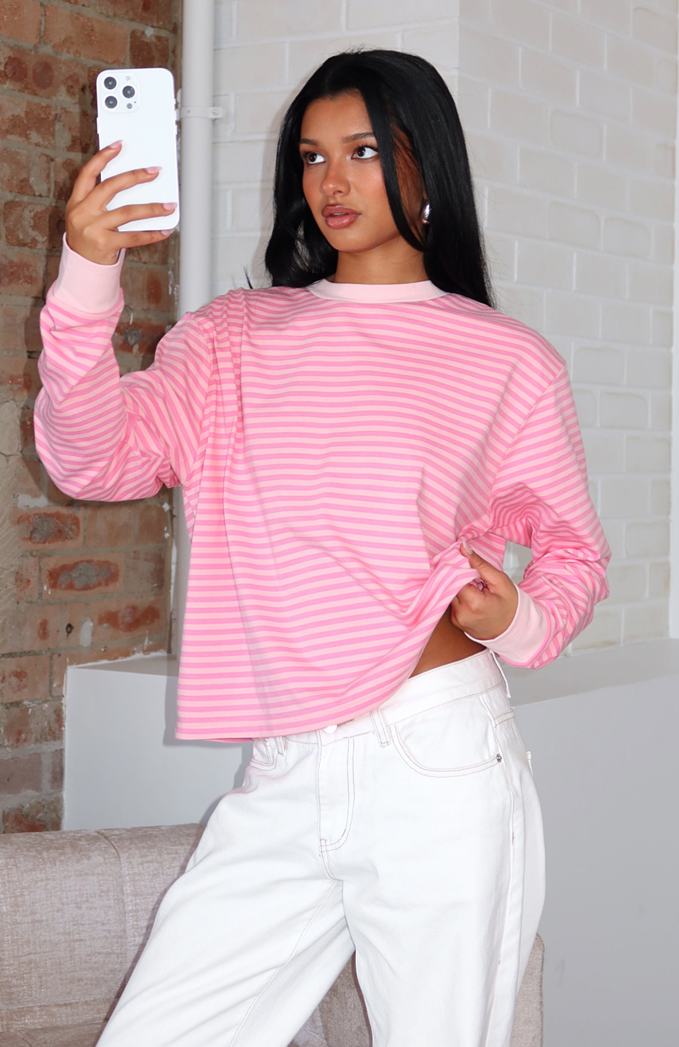 Catch The Drift Long Sleeve Tee Dark Pink/Light Pink Stripe