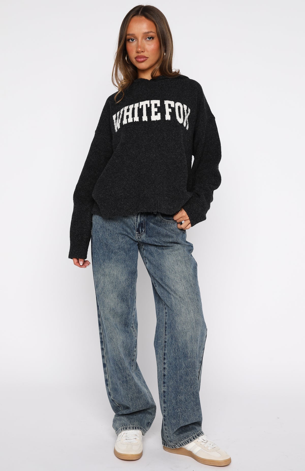 Off To Better Things Oversized Knit Hoodie Charcoal