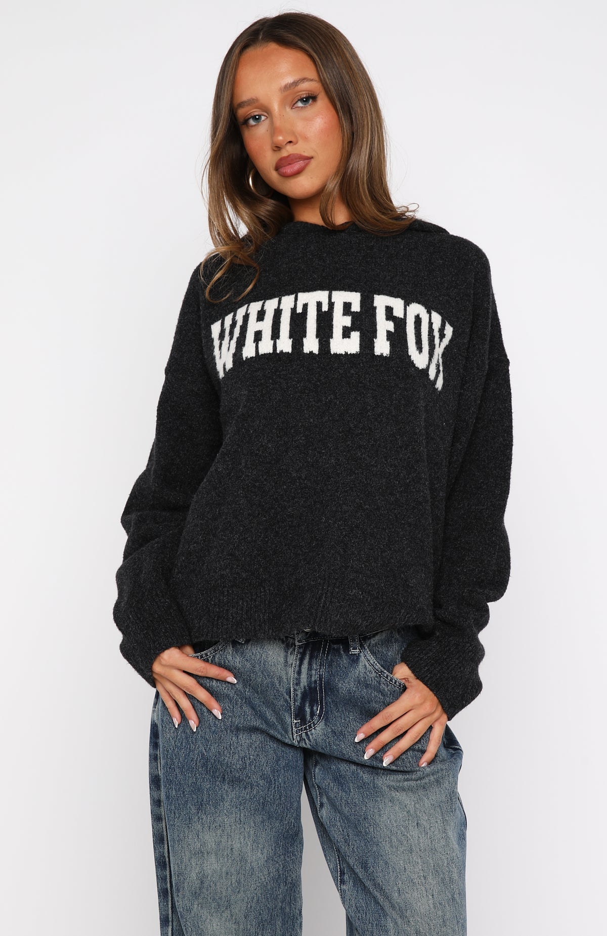 Off To Better Things Oversized Knit Hoodie Charcoal