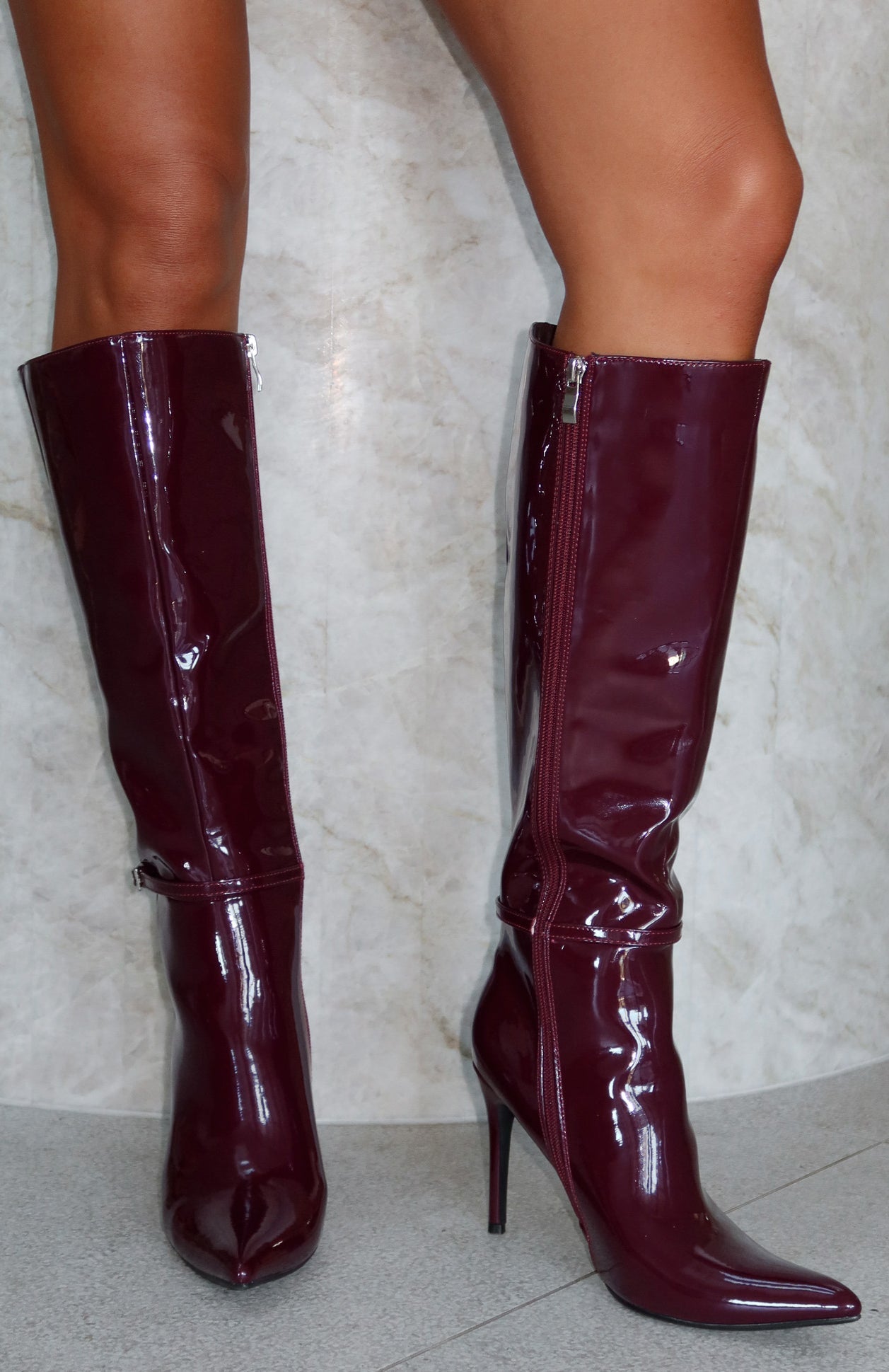 One Step At A Time Knee High Boots Deep Burgundy Patent