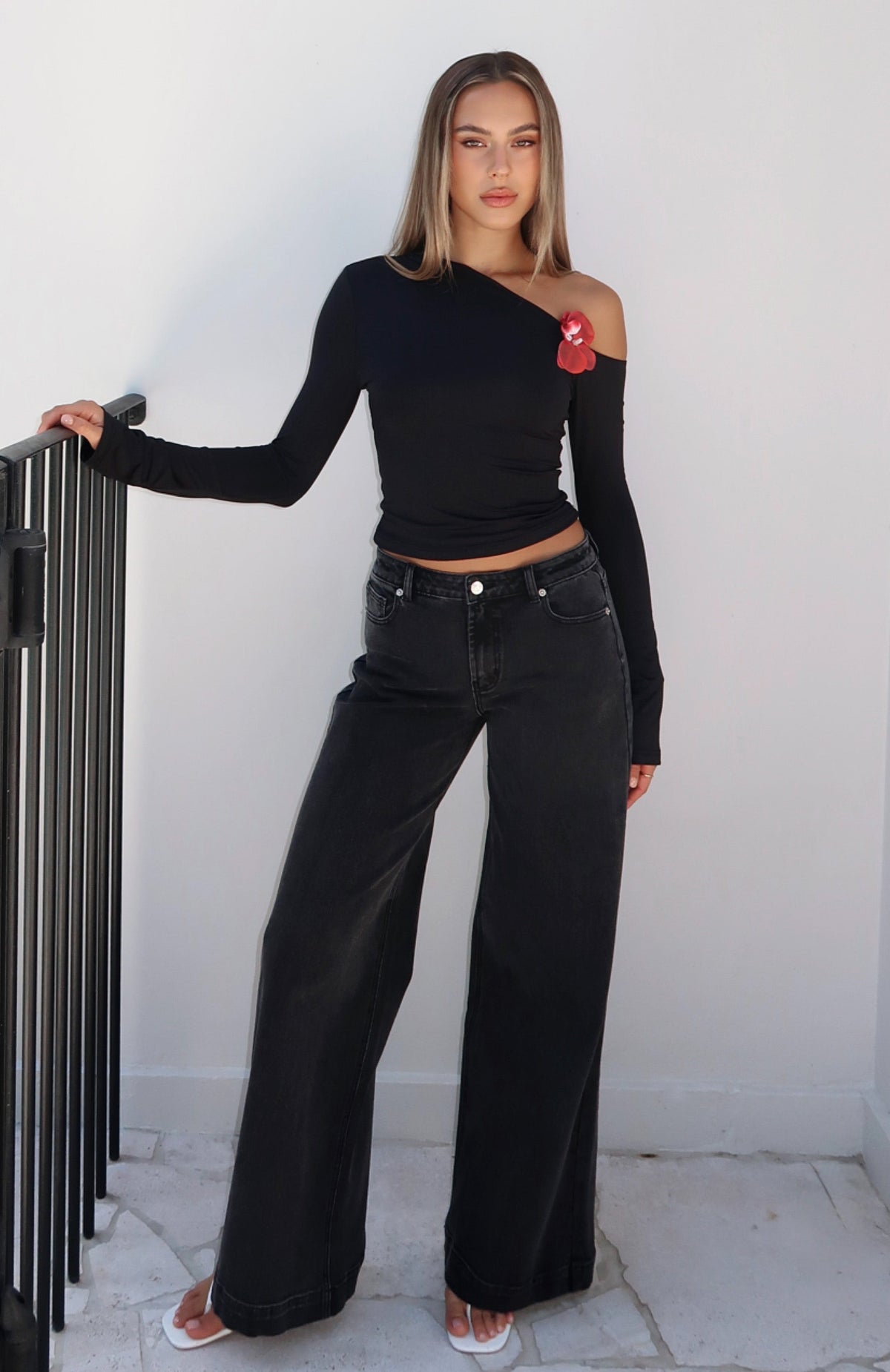 Elena Low Rise Wide Leg Jeans Black Acid