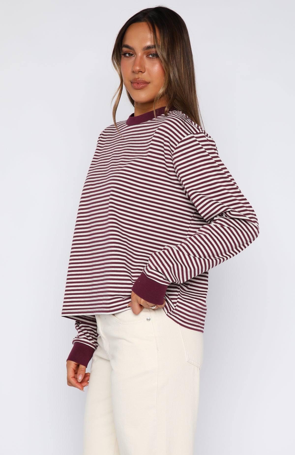 Touchdown Long Sleeve Tee Plum Stripe