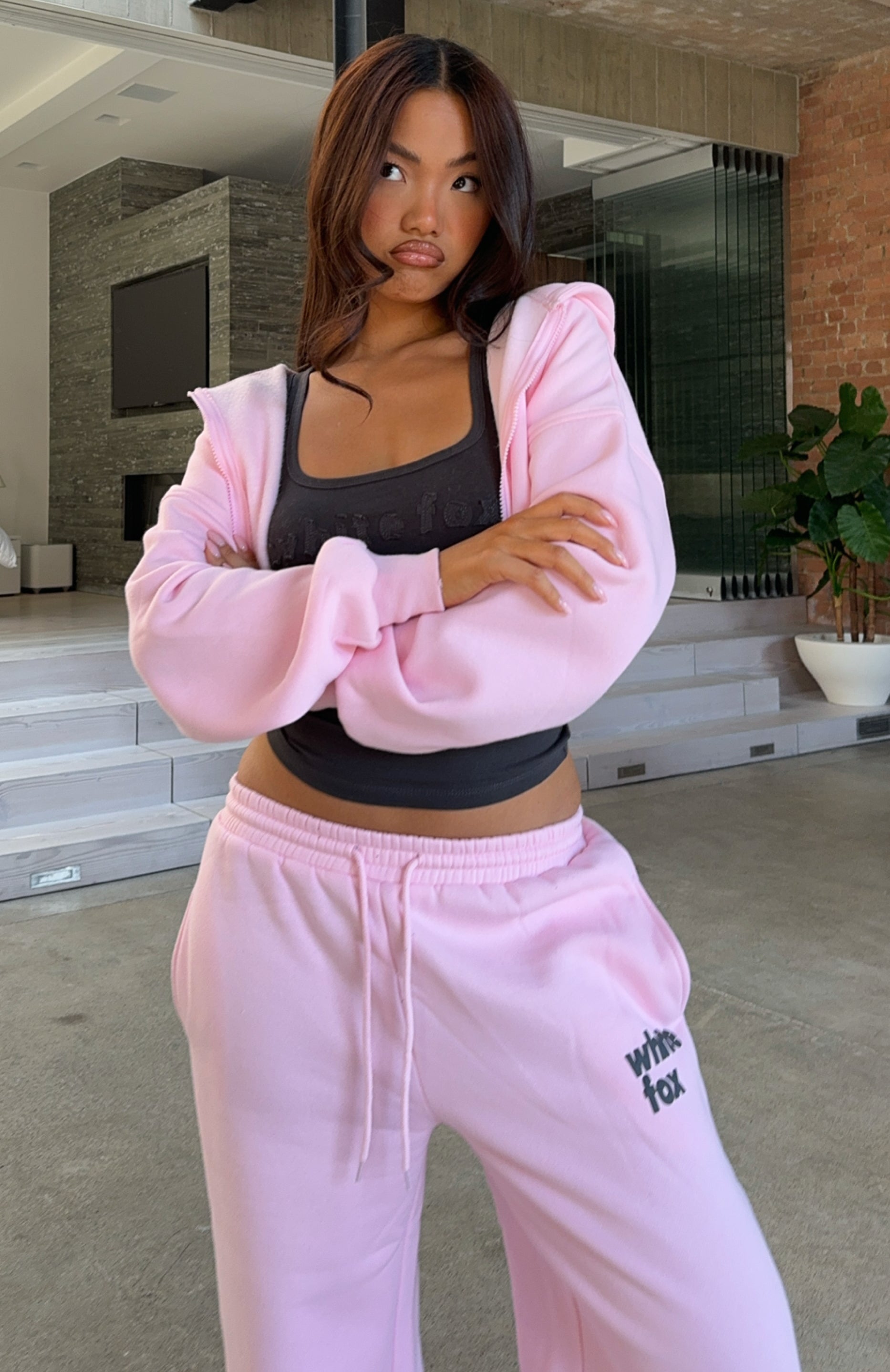 From The Archives Charli Cropped Zip Front Hoodie Pink