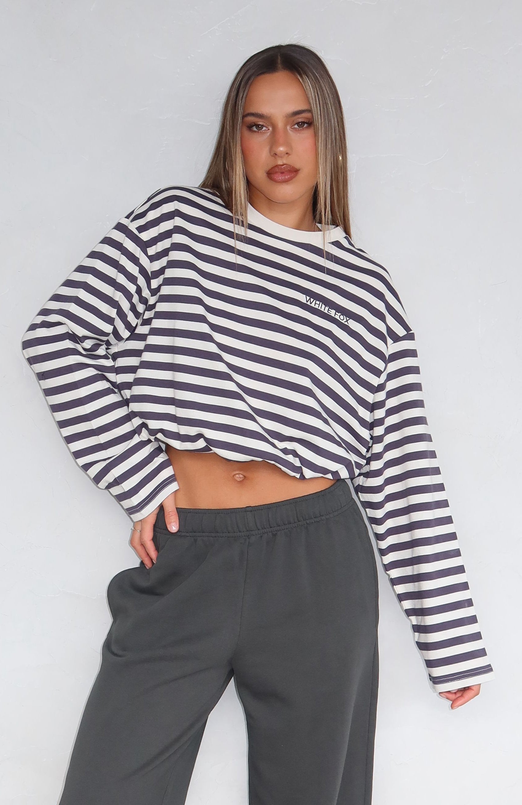 First Time Here Long Sleeve Tee Charcoal/Cream Stripe